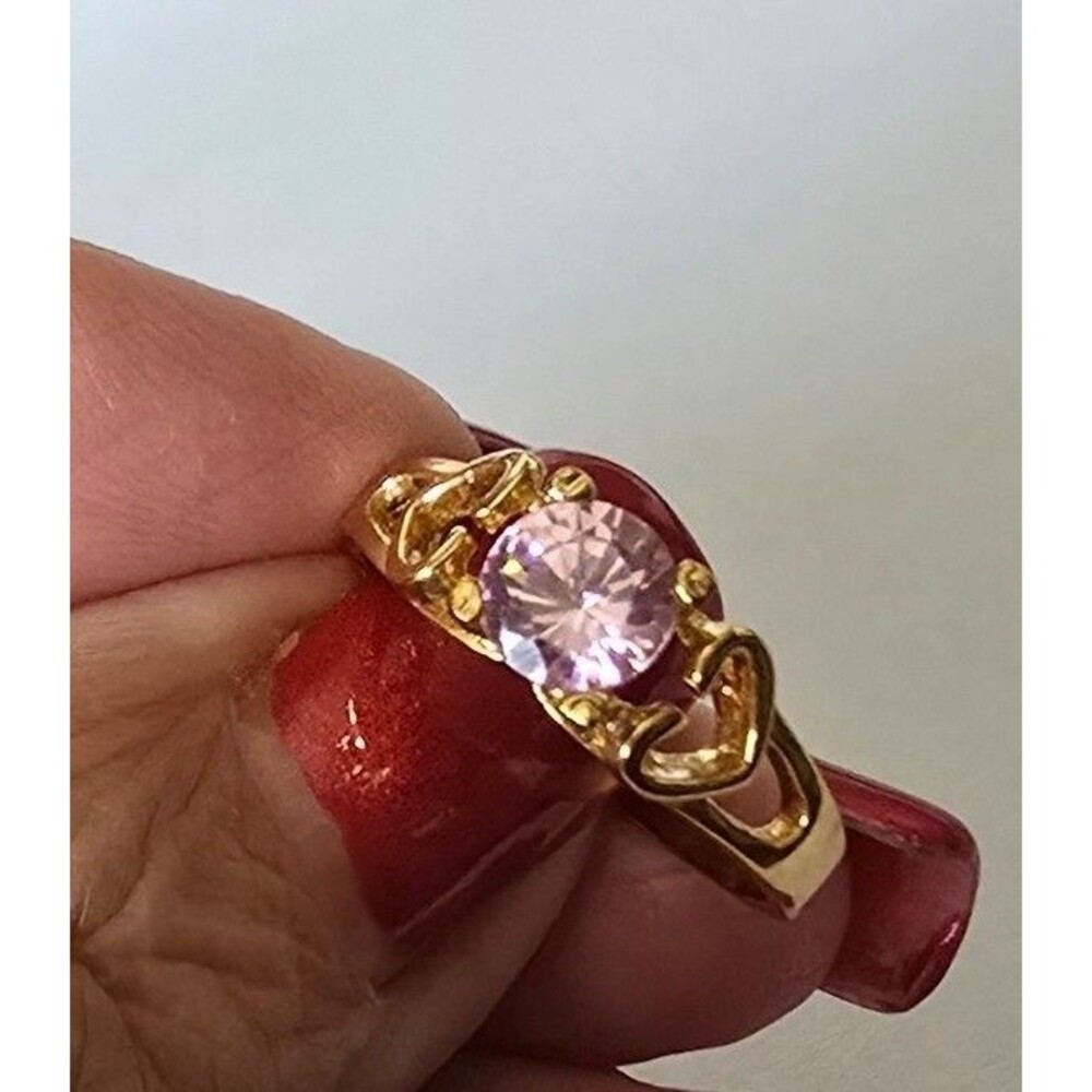 Gold plated pink Cubic Zirconia cocktail pinky ring Sizes 6 7.5 7 8 heart *